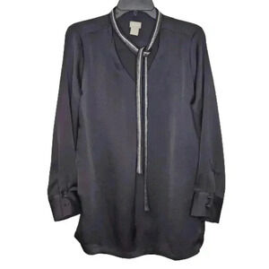 Chico's Damen Black Satin Metallic Bead Tie Front Neck Crinkle Tunic Size 1 (S)